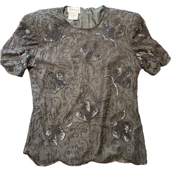 Vintage Patra Stenay Women’s Black Sequin Beaded Silk Evening Blouse Sz M - Picture 1 of 6